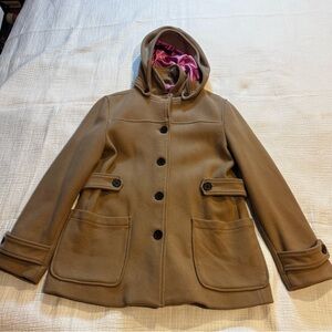 Gap Beige Button Up Detachable Hood Mid Length Pea Coat Women’s Large Pockets